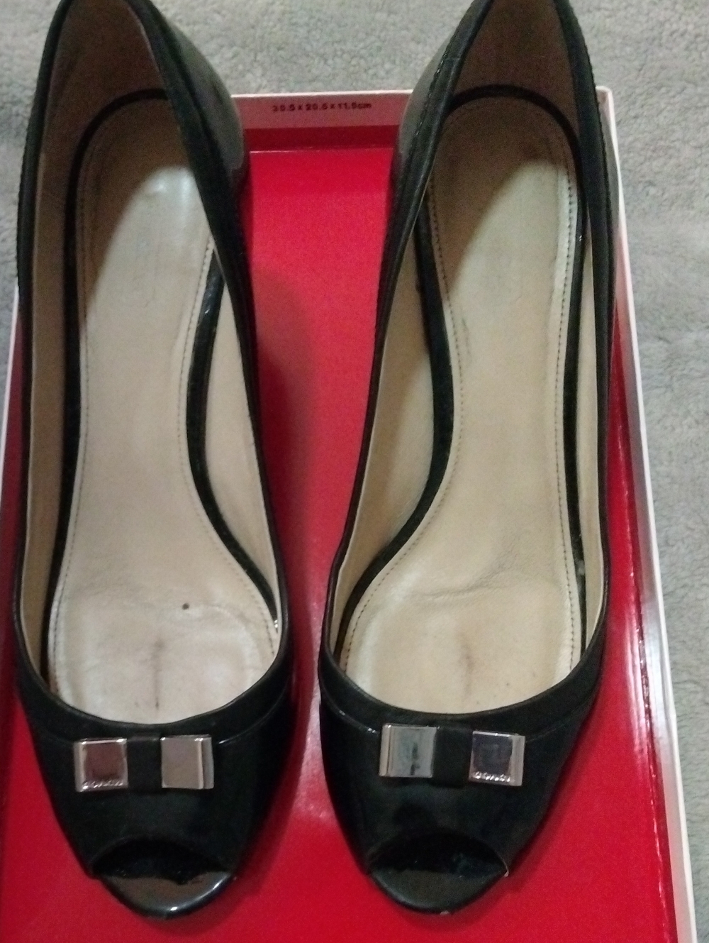 Coach Black Patent Peep-Toe Pumps with Silver Bow Accents